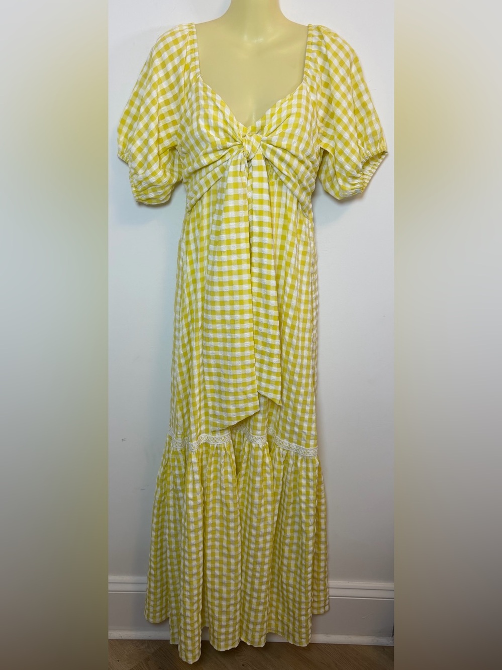 Yellow Gingham Tie-Front Maxi Dress with Puff Sleeves by Mable - Picture 2 of 10